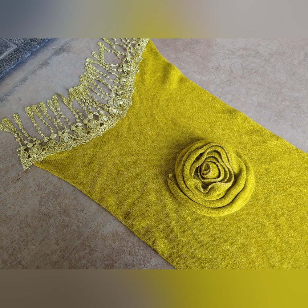 Vintage Floral Bohemian Whimsigoth Mustard Rose Lace Trim Long Scarf | Preppy - Picture 12 of 17